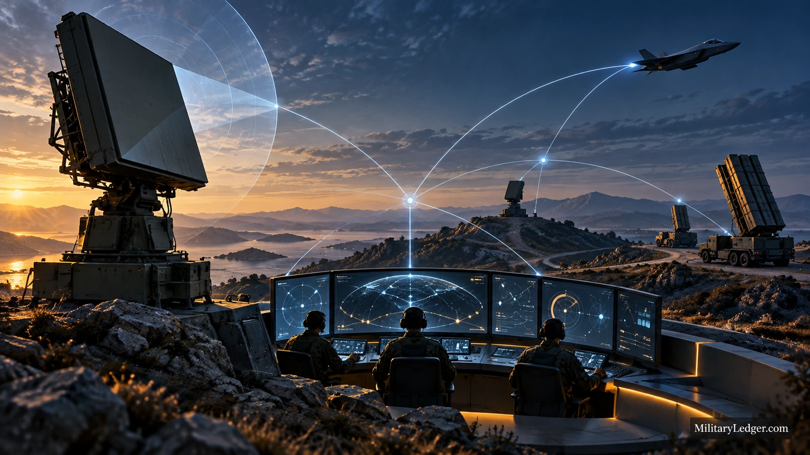 Radar, command screens, aircraft and launchers linked by glowing lines.
