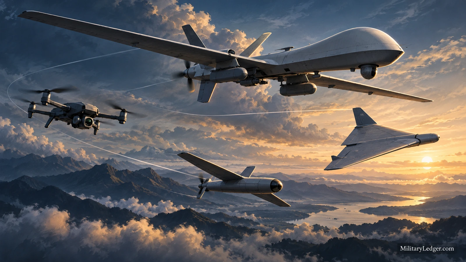 Four drone designs with different sizes and wing configurations.