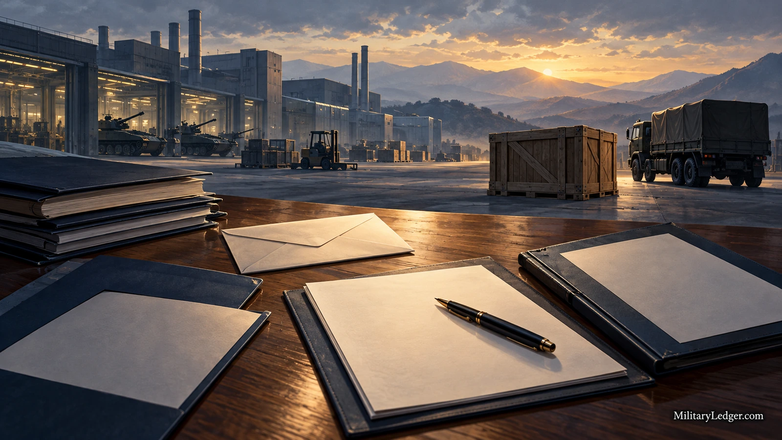 Documents and a pen in the foreground, with factories, crates and transport vehicles behind.