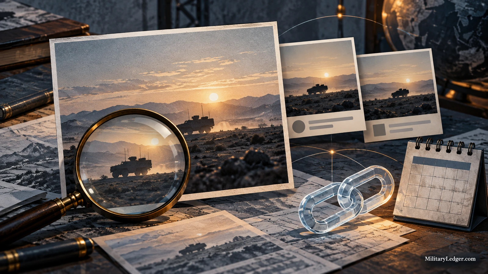 A magnifying glass over repeated vehicle images, with a calendar and chain-link symbol.
