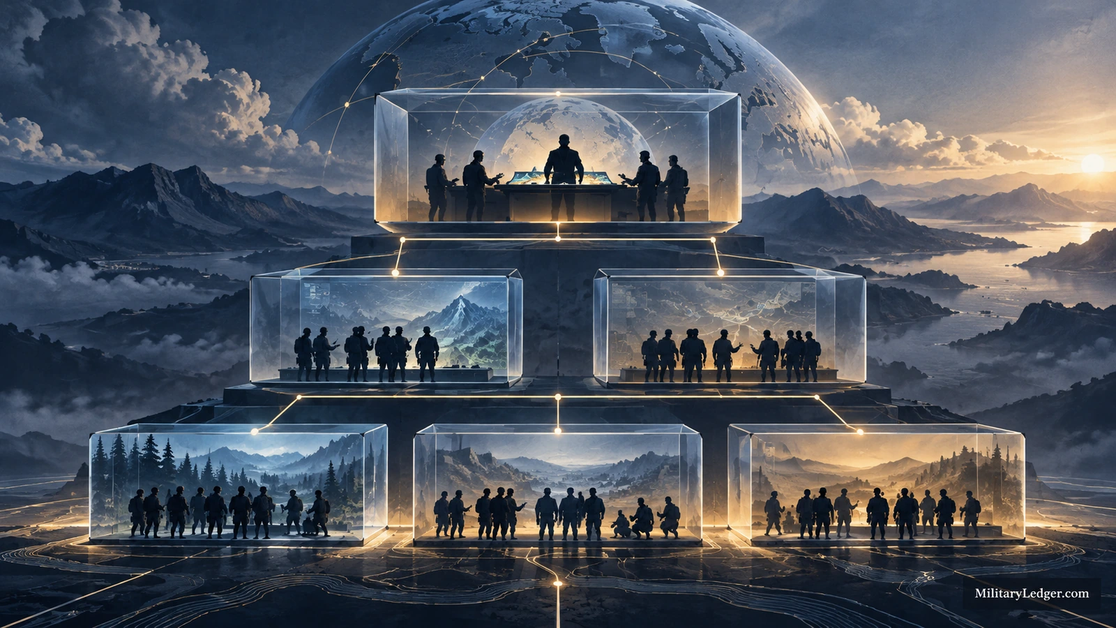 Groups of military personnel arranged inside connected transparent modules.