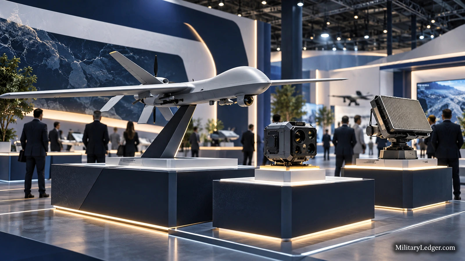 Drone and sensor displays inside a defense-technology exhibition hall.