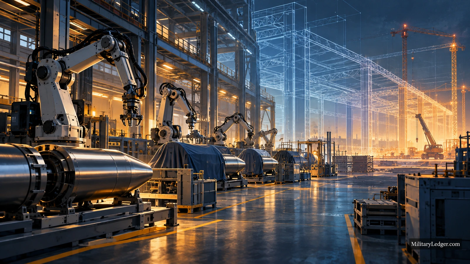Robotic equipment and metallic components beside the outlines of a factory expansion.