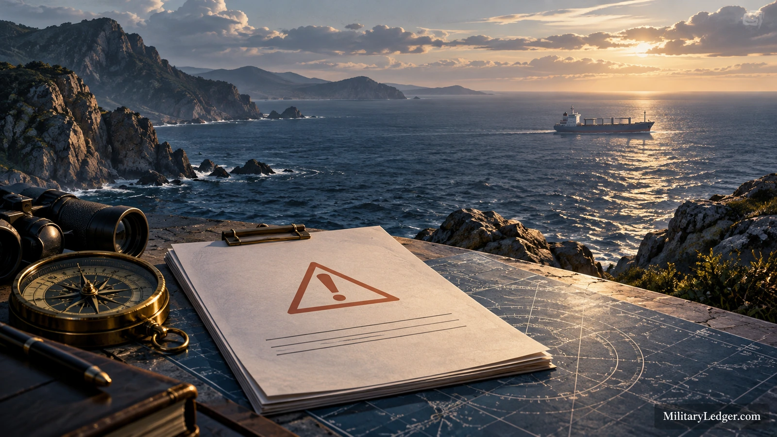 A warning notice, compass and binoculars overlooking a coastline and a cargo ship.
