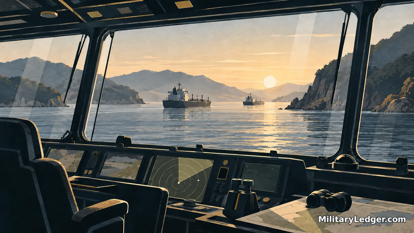 View through a ship’s bridge windows toward two merchant vessels in a narrow waterway.