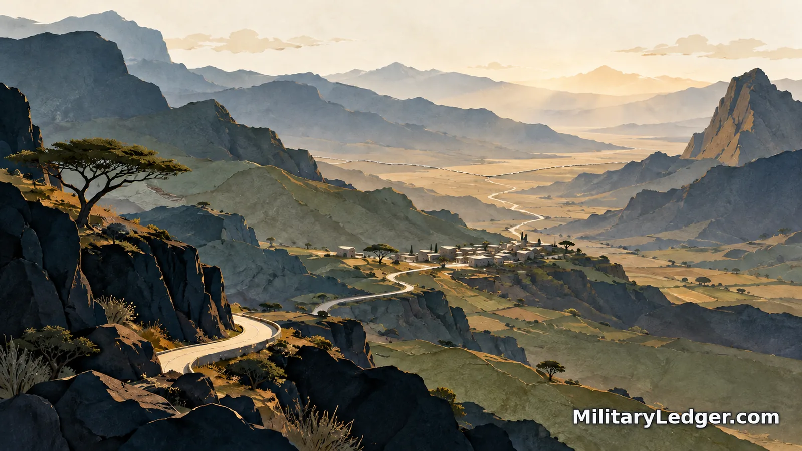 A winding road leads through layered mountain ridges toward a small town.
