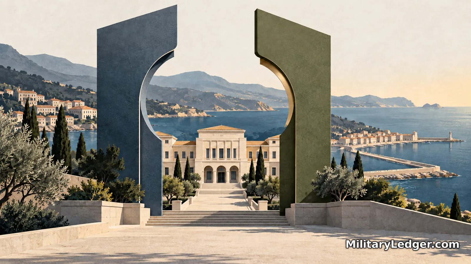 Two interlocking panels frame a public building beside a Mediterranean-style harbor.