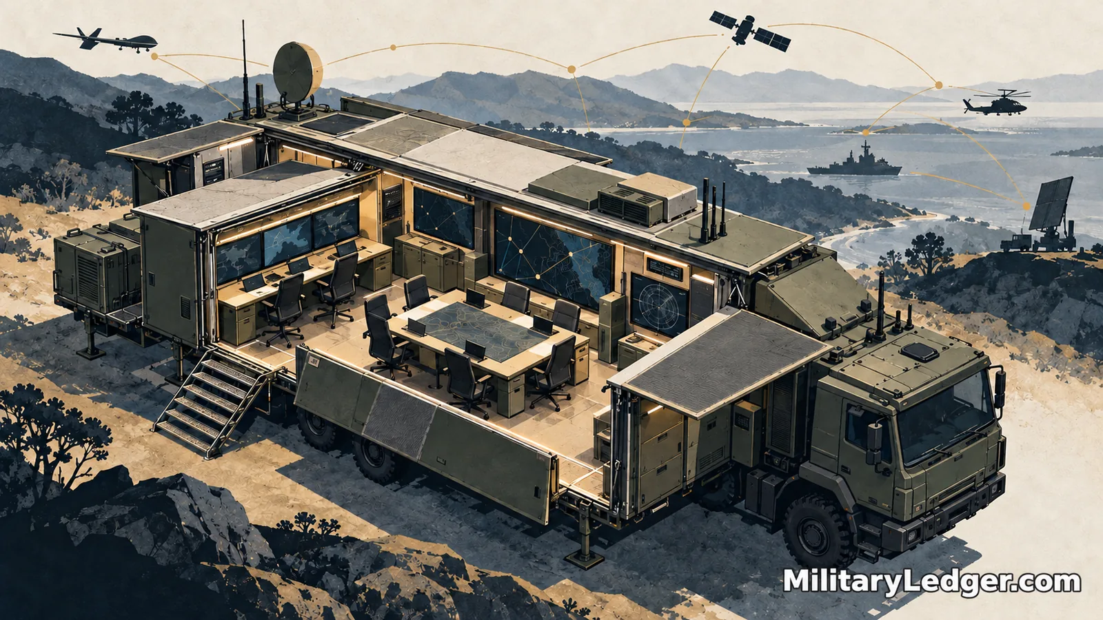 Cutaway concept of an expandable mobile command vehicle with workstations and network connections.