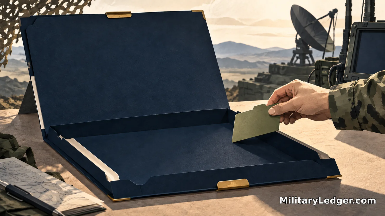 A small blank card enters a large open folder beside communications equipment.