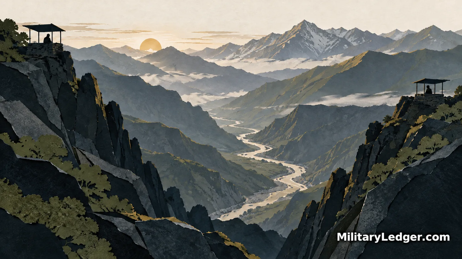 Two separated observation posts overlook a winding mountain valley.