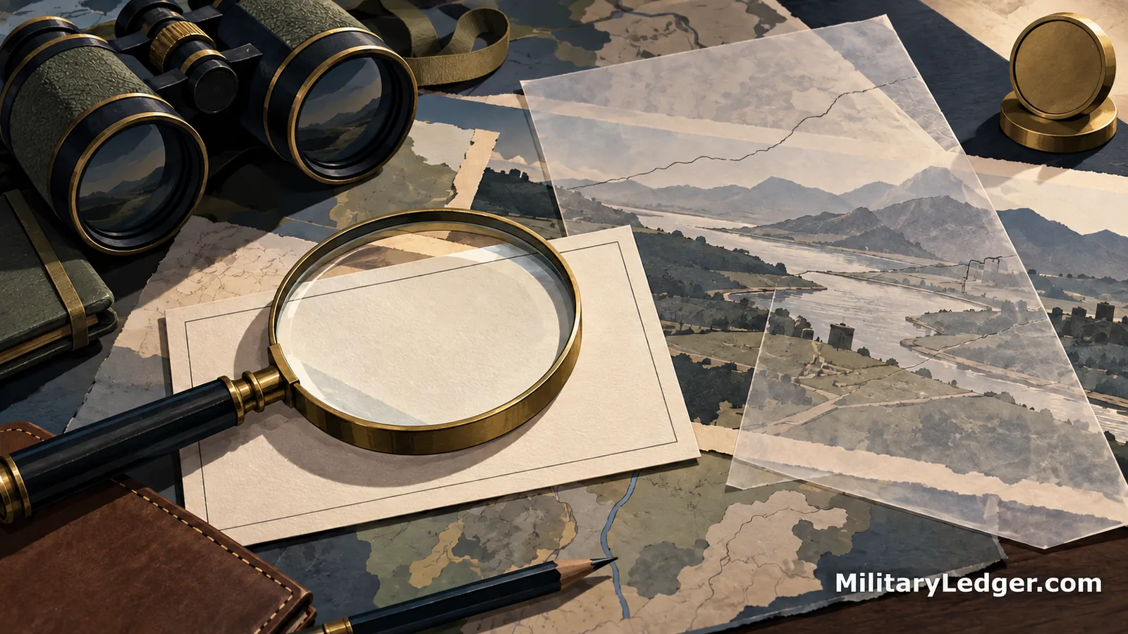 Binoculars, a magnifying glass and layered landscape sheets represent checking a ceasefire report.
