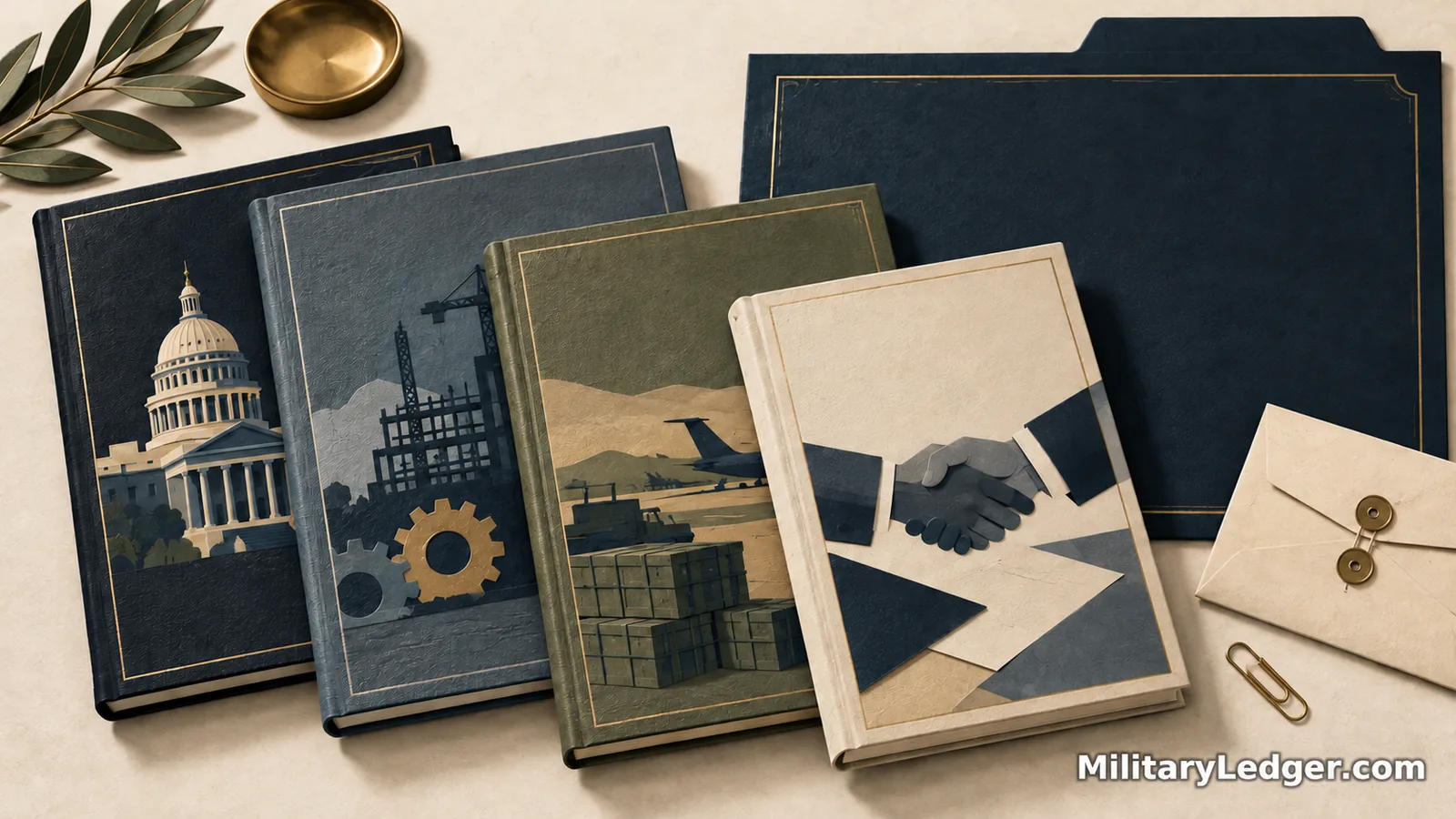 Four illustrated ledgers, a large folder and a sealed envelope represent stages of defense budgeting.