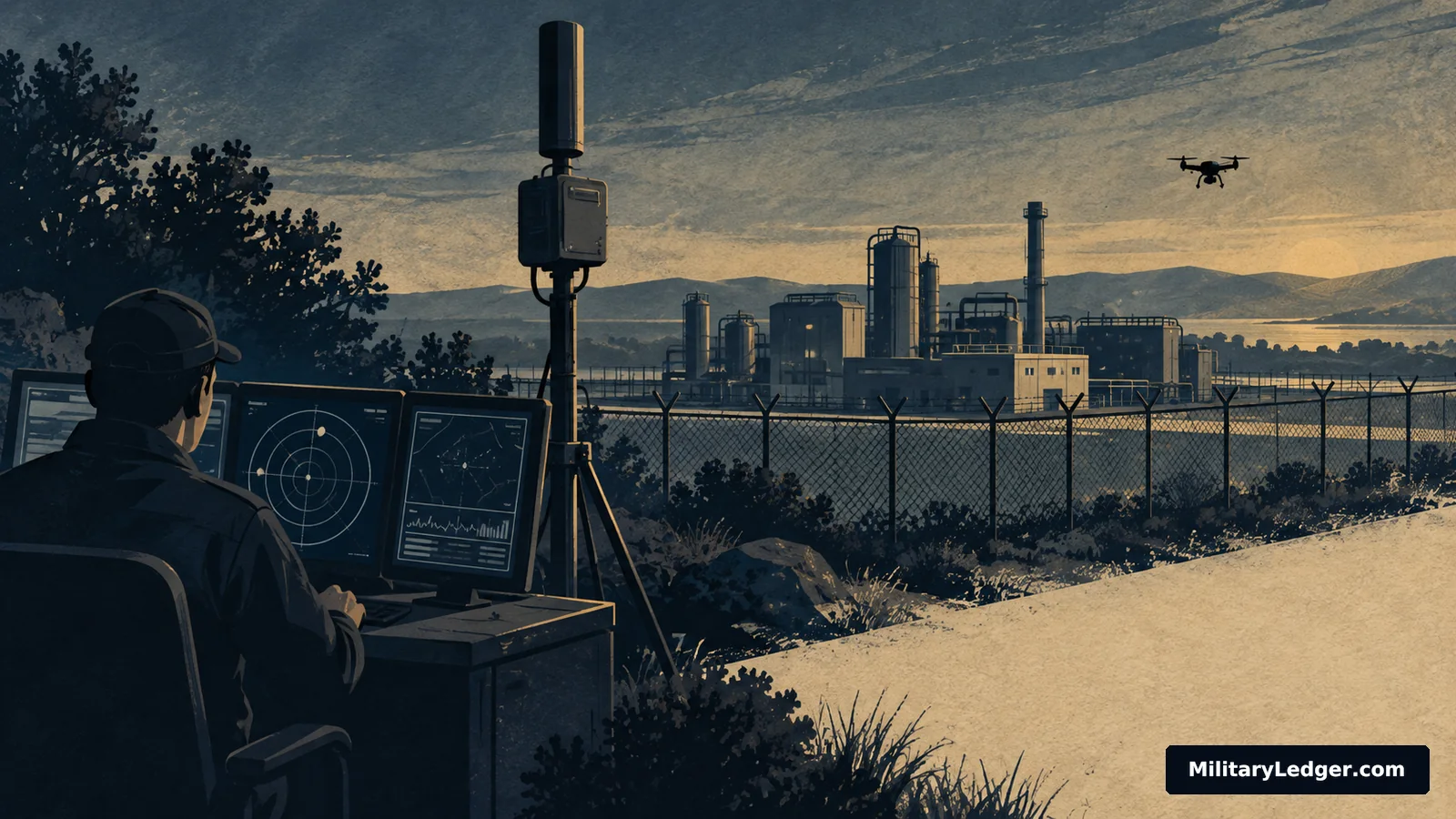 Conceptual illustration of an operator monitoring a drone over an industrial site
