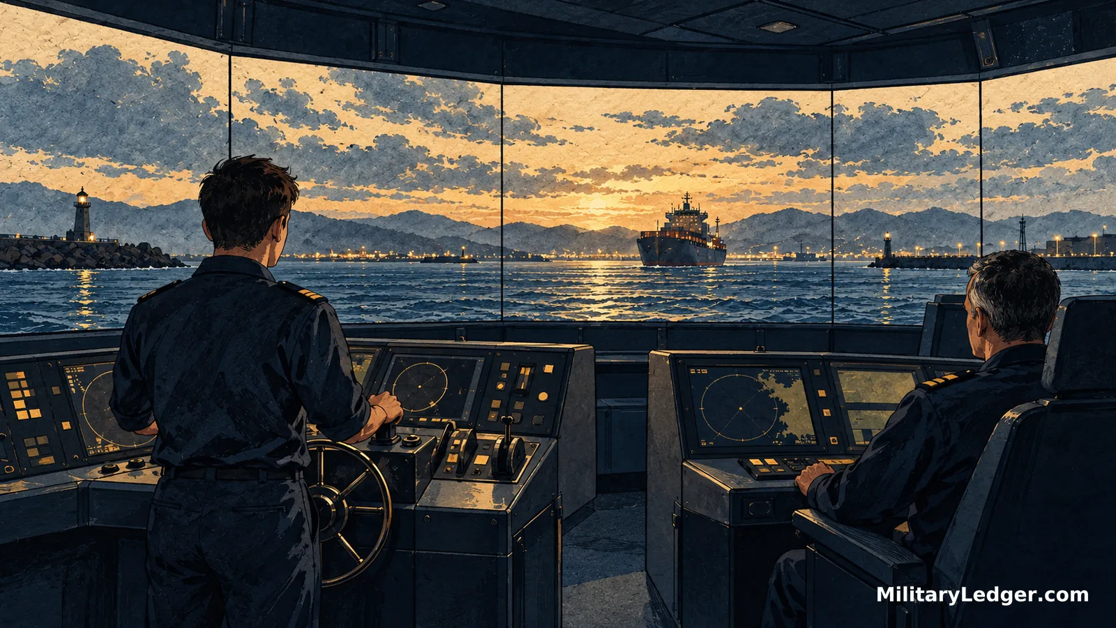 A trainee at the helm and an instructor at a console in a naval bridge simulator, with a harbor approach on the panoramic screens