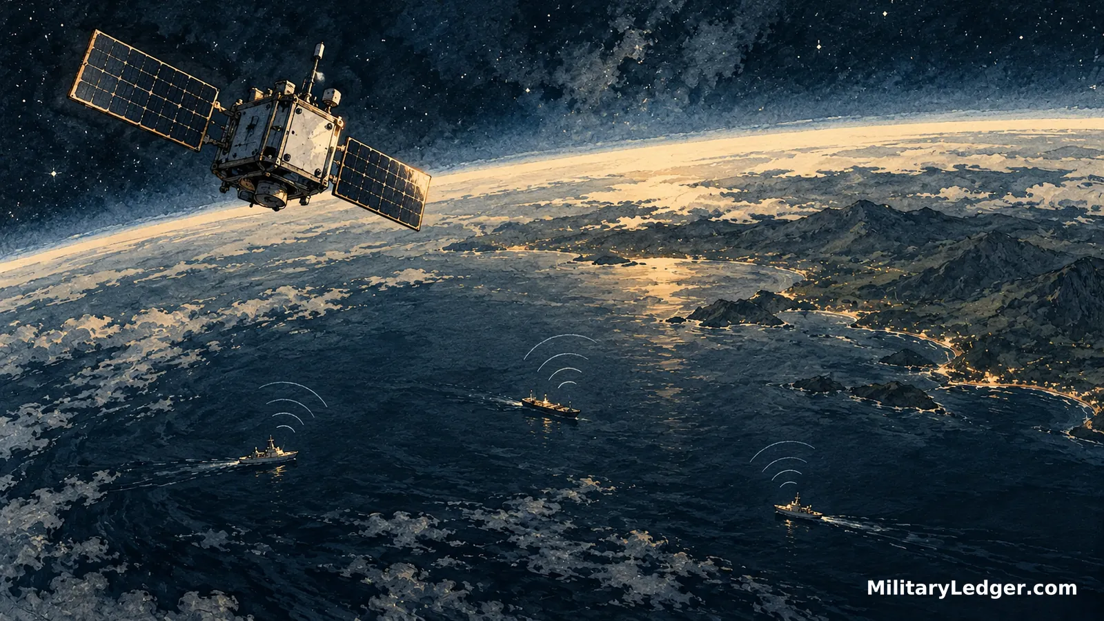 A small satellite above a coastline at night, with radio-frequency arcs rising from three ships at sea