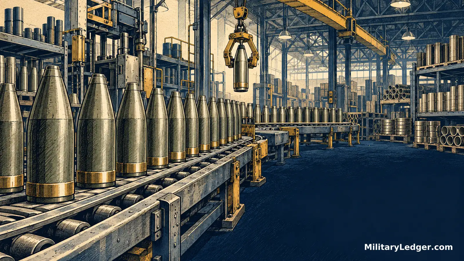 Rows of unmarked metal shell bodies move along a conveyor inside a factory.