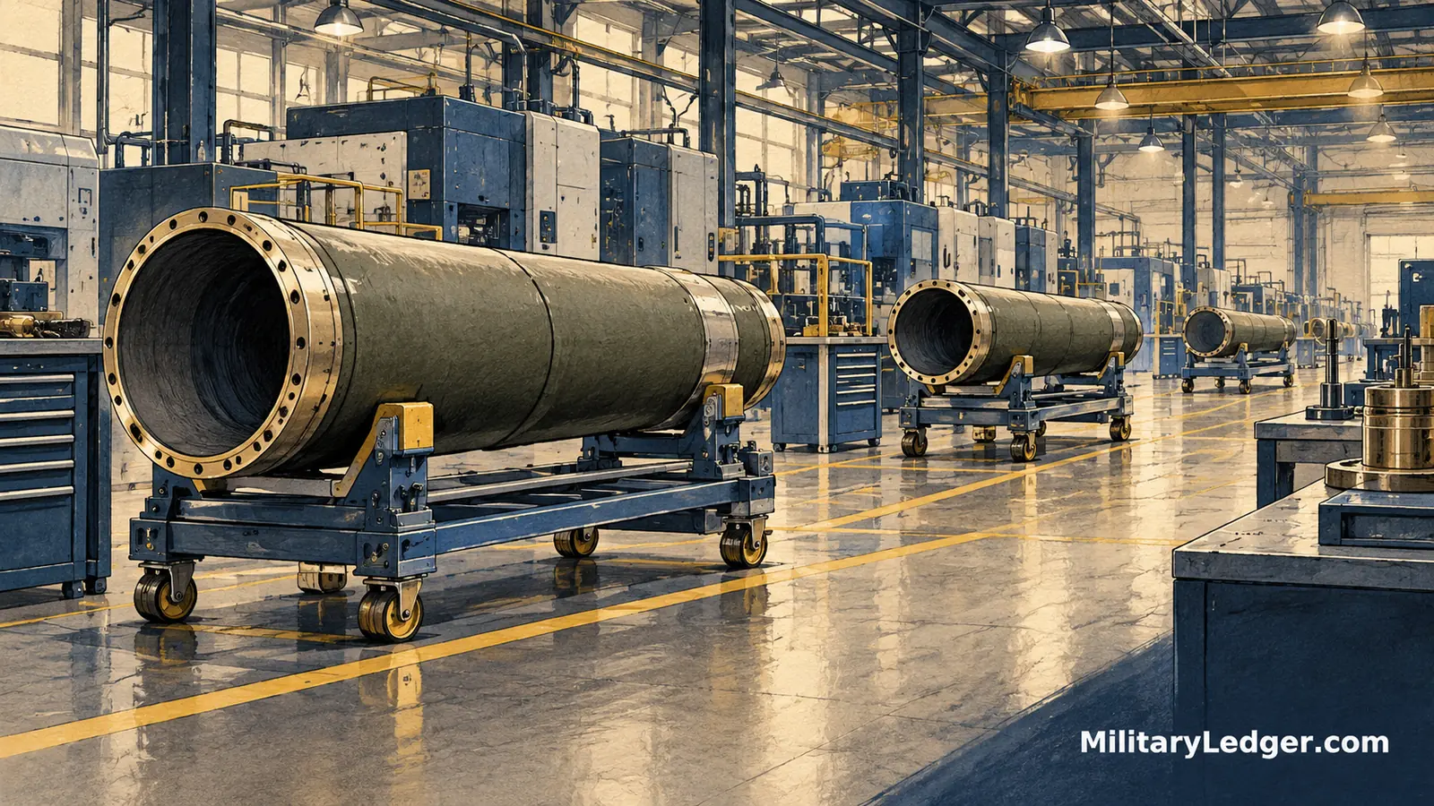 Illustration of cylindrical rocket-motor casings on wheeled work stands inside a manufacturing hall.