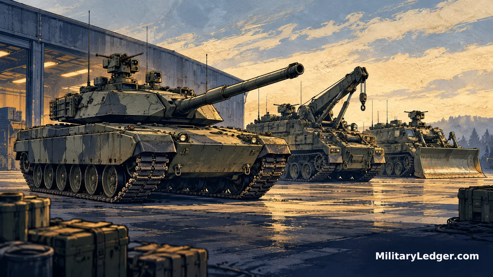 Illustration of a tank, a recovery vehicle with a crane and an engineering vehicle with a dozer blade in a maintenance yard.