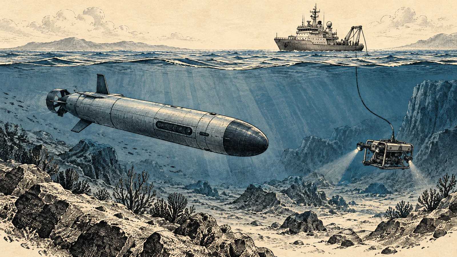 Ink illustration of autonomous and remotely operated underwater robots above a seabed.