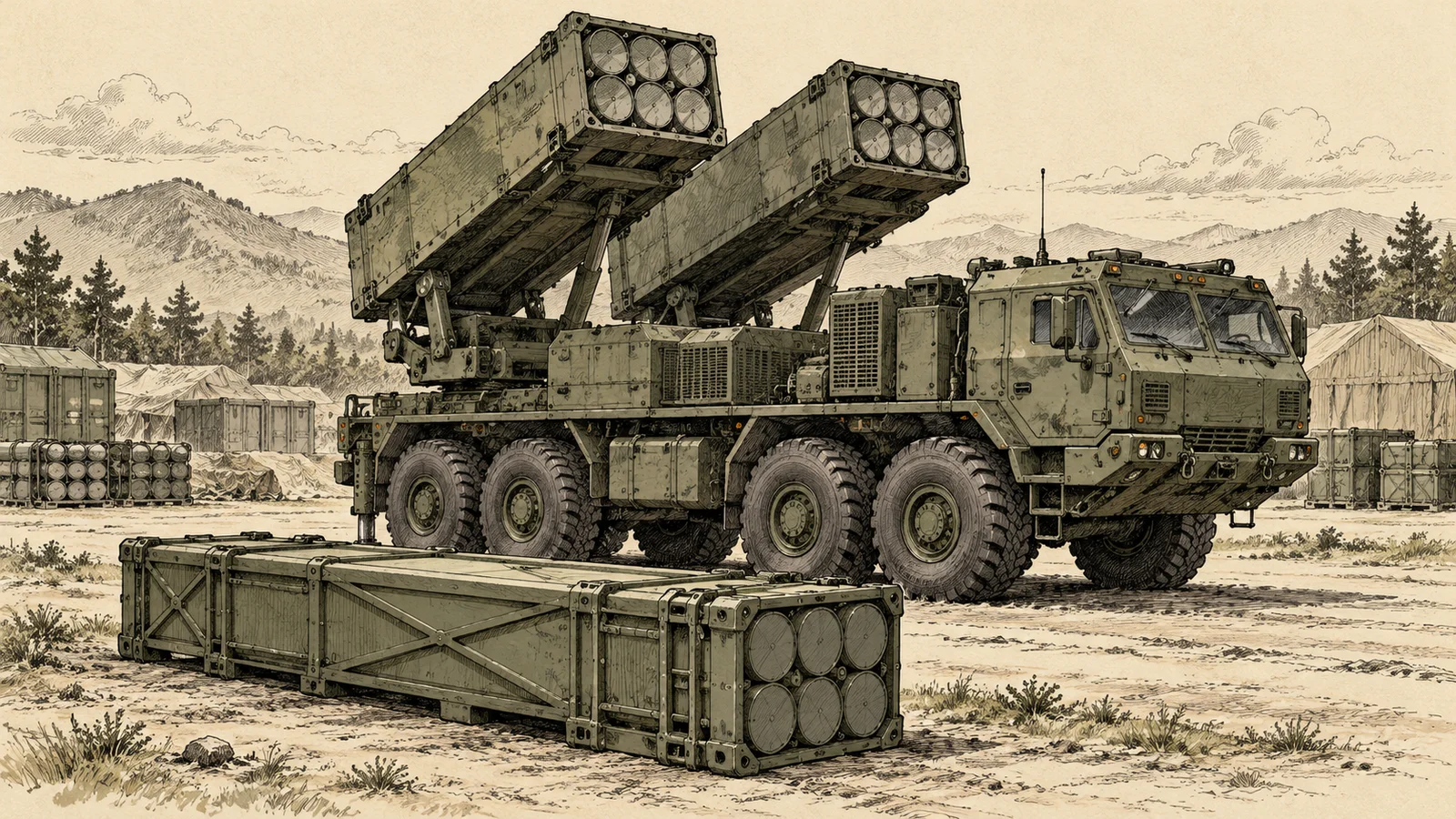 Ink illustration of a generic wheeled rocket launcher with two ammunition pods and sealed canisters.